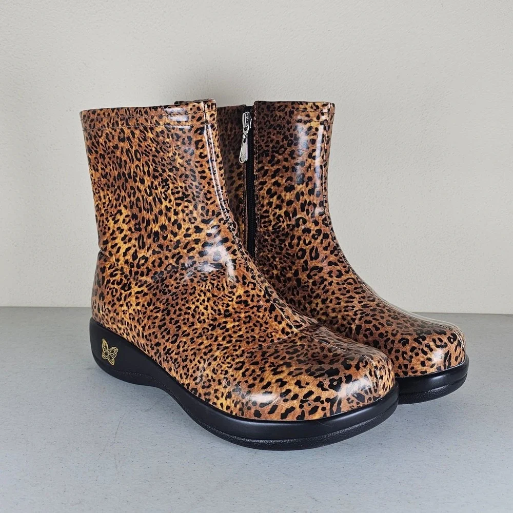 Alegria Leopard Print Raina Ankle Rain Boots Women's Size 39 EU 8-8 1/2US